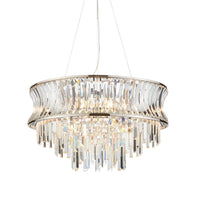 Crystal Prism Drop Chandelier with waisted shape and nickel frame, featuring cascading crystal prisms for elegant home lighting décor.