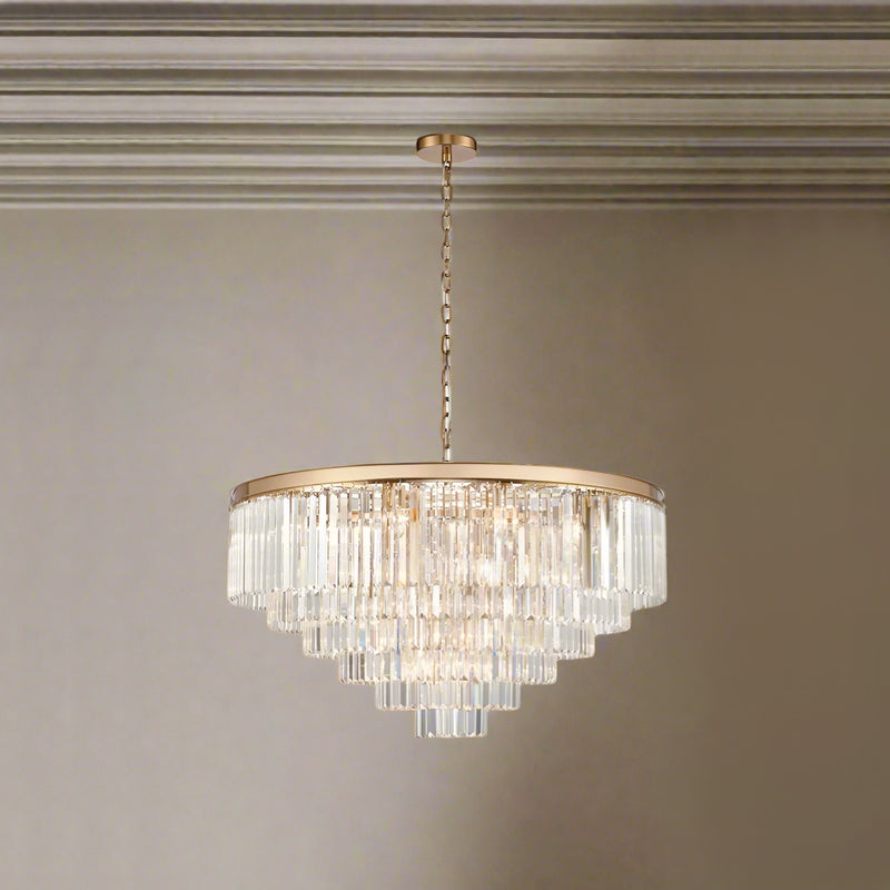 Extra large gold banded, six tiered prism chandelier with 30 lights. Absolutely stunning statement chandelier, it has the glamour of the 'art deco' period design, exceptionally opulent. Six tiers of crystal prisms, the ultimate in luxurious light fixtures.