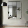 Unusual curved edge window mirror with black frame. A great indoor or outdoor mirror. Perfect in a kitchen or on a patio, in a hall to elongate the space. 9 panel mirror