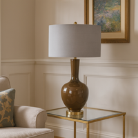 Dark Brown Ceramic Lamp & Grey Shade