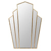 Art Deco mirror with gilt-edged metal frame, fan-shaped design, and sectional glass panels. Wall-mounted vintage glamour for home decor.