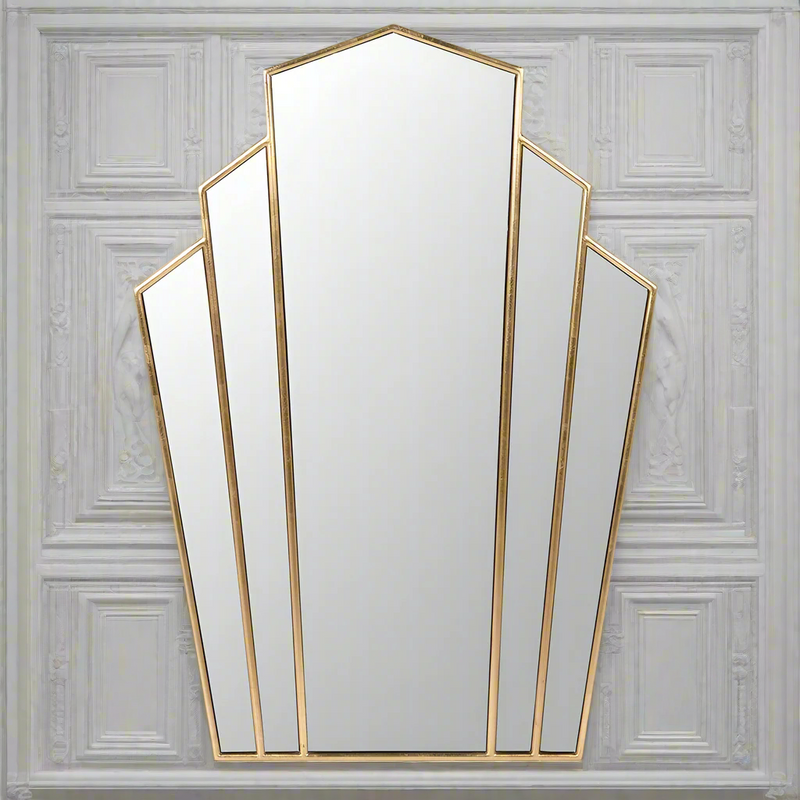 Art Deco mirror with gilt metal edges and fan-shaped sectional glass design, perfect for wall mounting. Adds vintage glamour and depth to home decor.