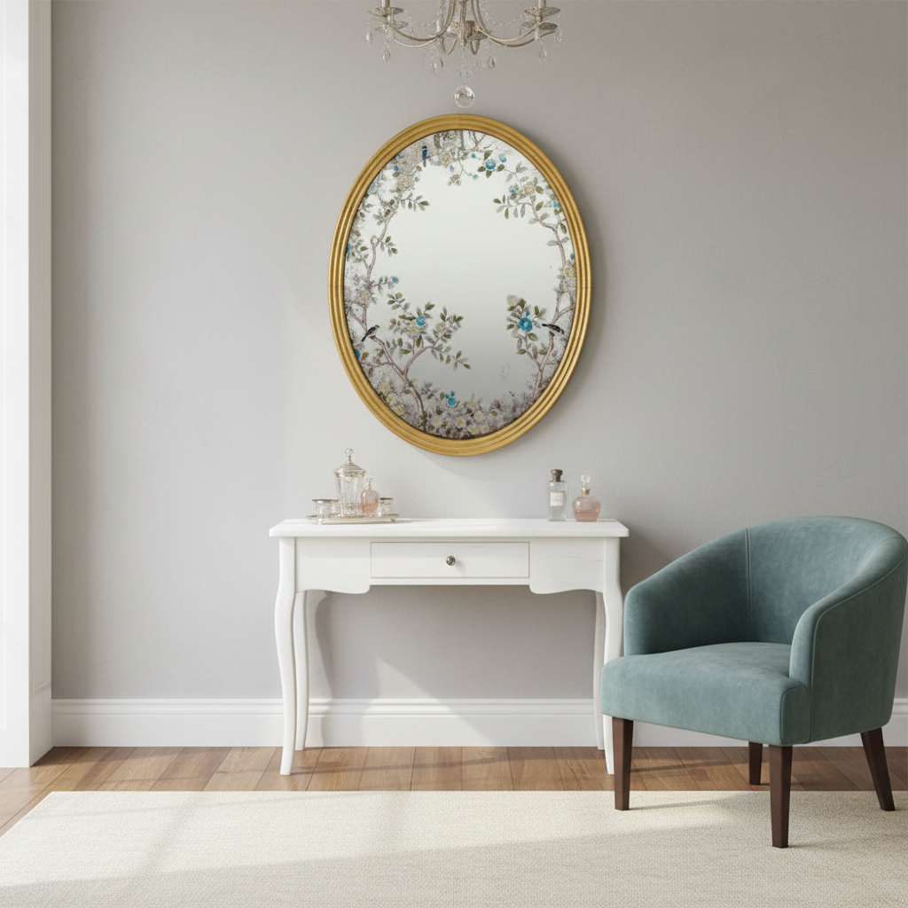A decorative gilt framed oval wall mirror painted in the 'Victorian' style with floral motifs. A light-enhancing reflective glass surface. 