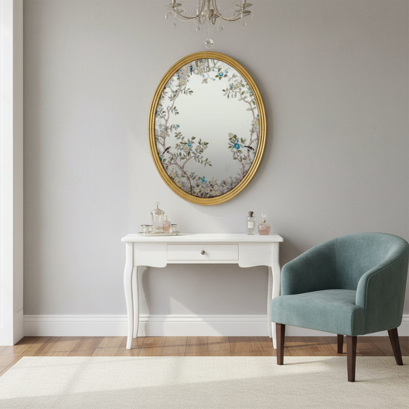 A decorative gilt framed oval wall mirror painted in the 'Victorian' style with floral motifs. A light-enhancing reflective glass surface. 