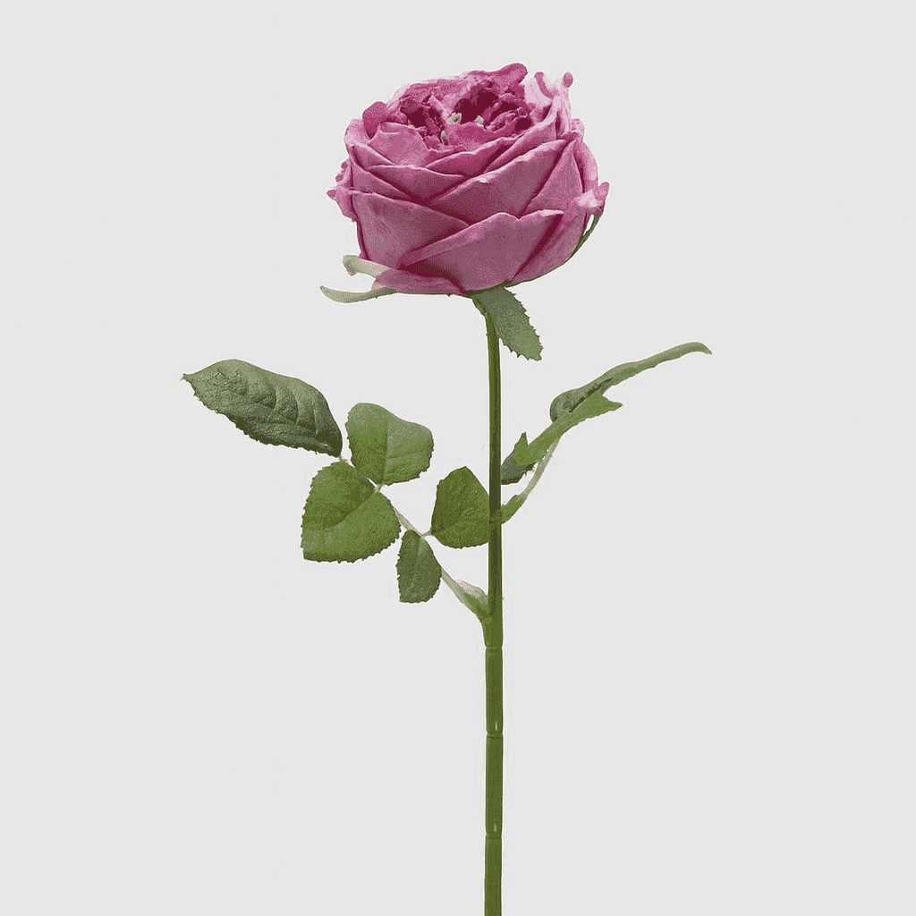 Pink faux rose with green leaves for home decor