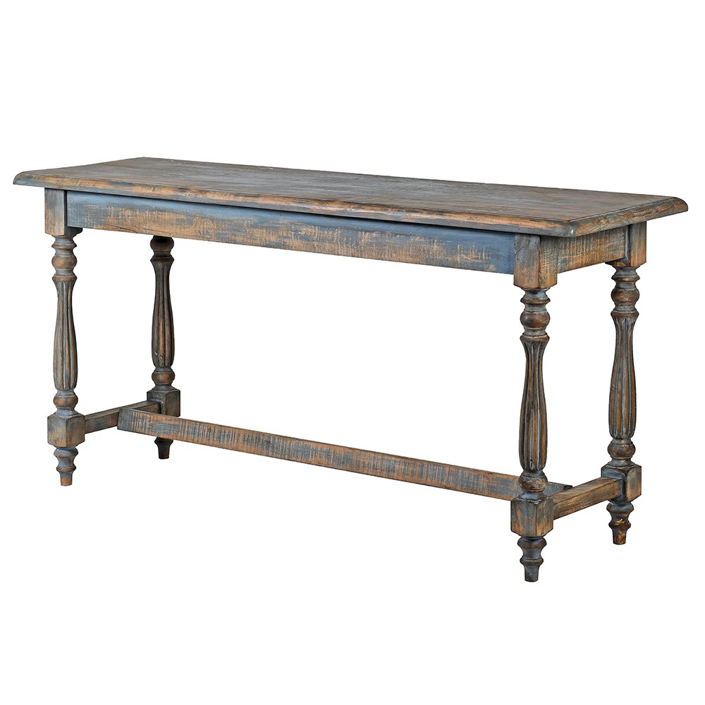 Wide, distressed blue painted console, with stunning turned wooden legs this is a perfect Country House piece.&nbsp; It would look just as good in an urban setting adding character with its originality and colour.