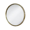 A round wall mirror with a distressed gold metal frame. The textured frame gives a vintage and rustic feel. The mirror itself is smooth and clear, providing a clean reflection. The combination of the aged gold finish and the simple, round shape creates a timeless, elegant look, making it suitable for various interior designs, from contemporary to more traditional spaces. This mirror suits any room and will add light, from every direction to any room.