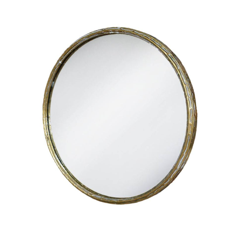 A round wall mirror with a distressed gold metal frame. The textured frame gives a vintage and rustic feel. The mirror itself is smooth and clear, providing a clean reflection. The combination of the aged gold finish and the simple, round shape creates a timeless, elegant look, making it suitable for various interior designs, from contemporary to more traditional spaces. This mirror suits any room and will add light, from every direction to any room.