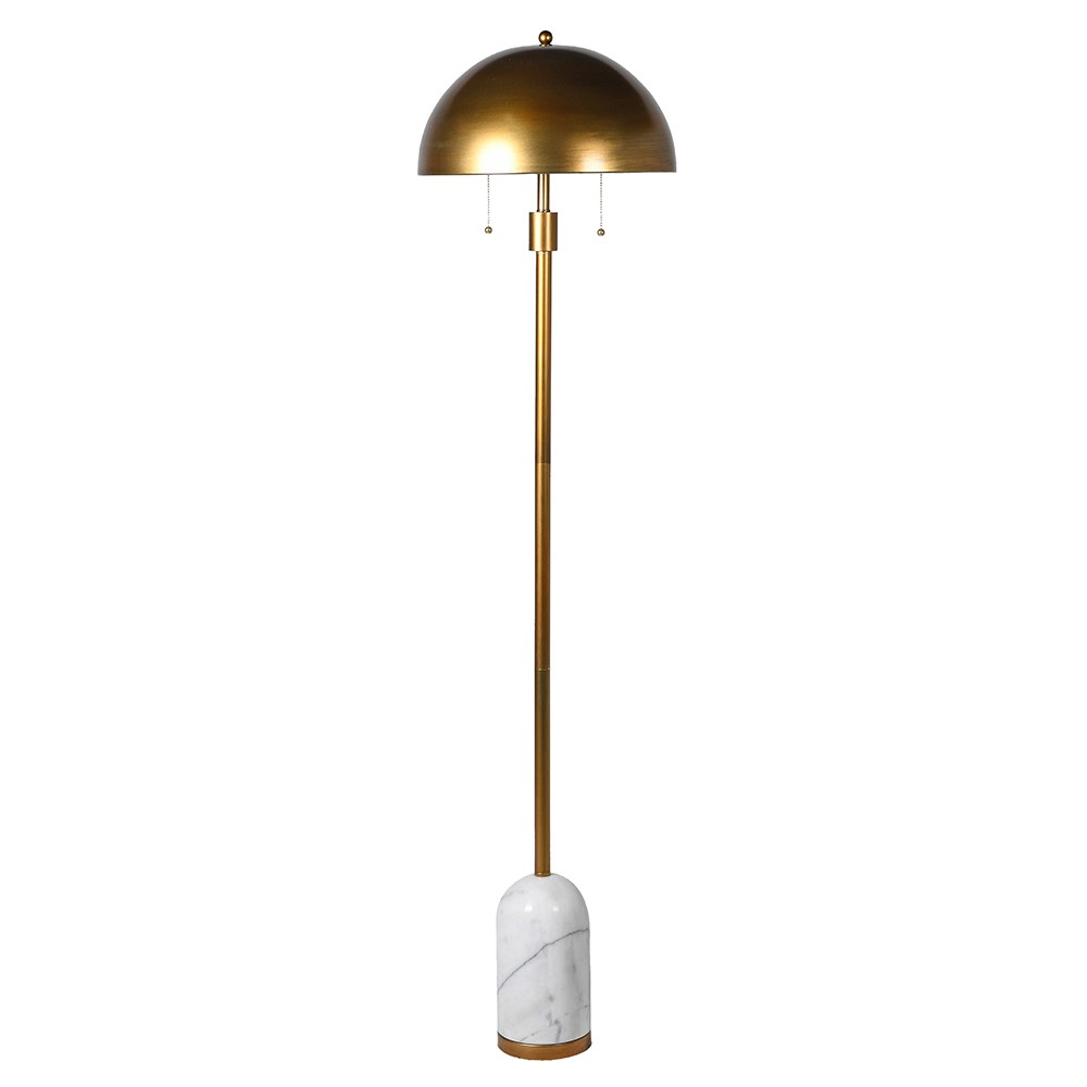 Gilt metal floor lamp on a white marble base, the shade is also gilt metal in a dome shape, an exceptional design led look.