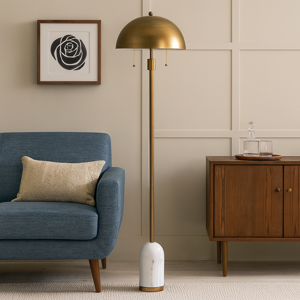 Gilt metal floor lamp on a white marble base, the shade is also gilt metal in a dome shape, an exceptional design led look.