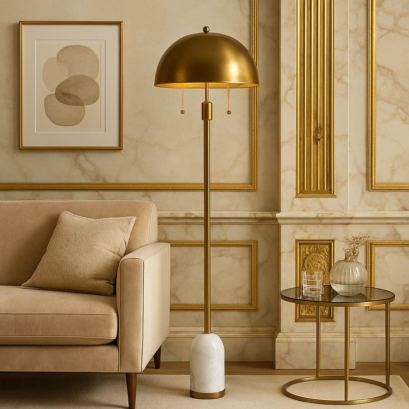 Gilt metal floor lamp on a white marble base, the shade is also gilt metal in a dome shape, an exceptional design led look.