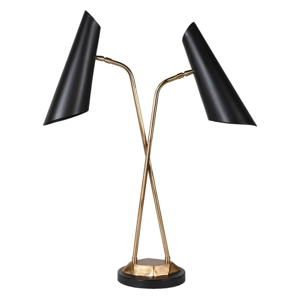 Double, black metal lamp in a mid-century style on gilt metal base.Exceptionally stylish desk or bedside table lamp with an industrial twist offering a great deal of light.