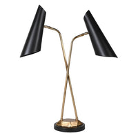 Double, black metal lamp in a mid-century style on gilt metal base.Exceptionally stylish desk or bedside table lamp with an industrial twist offering a great deal of light.