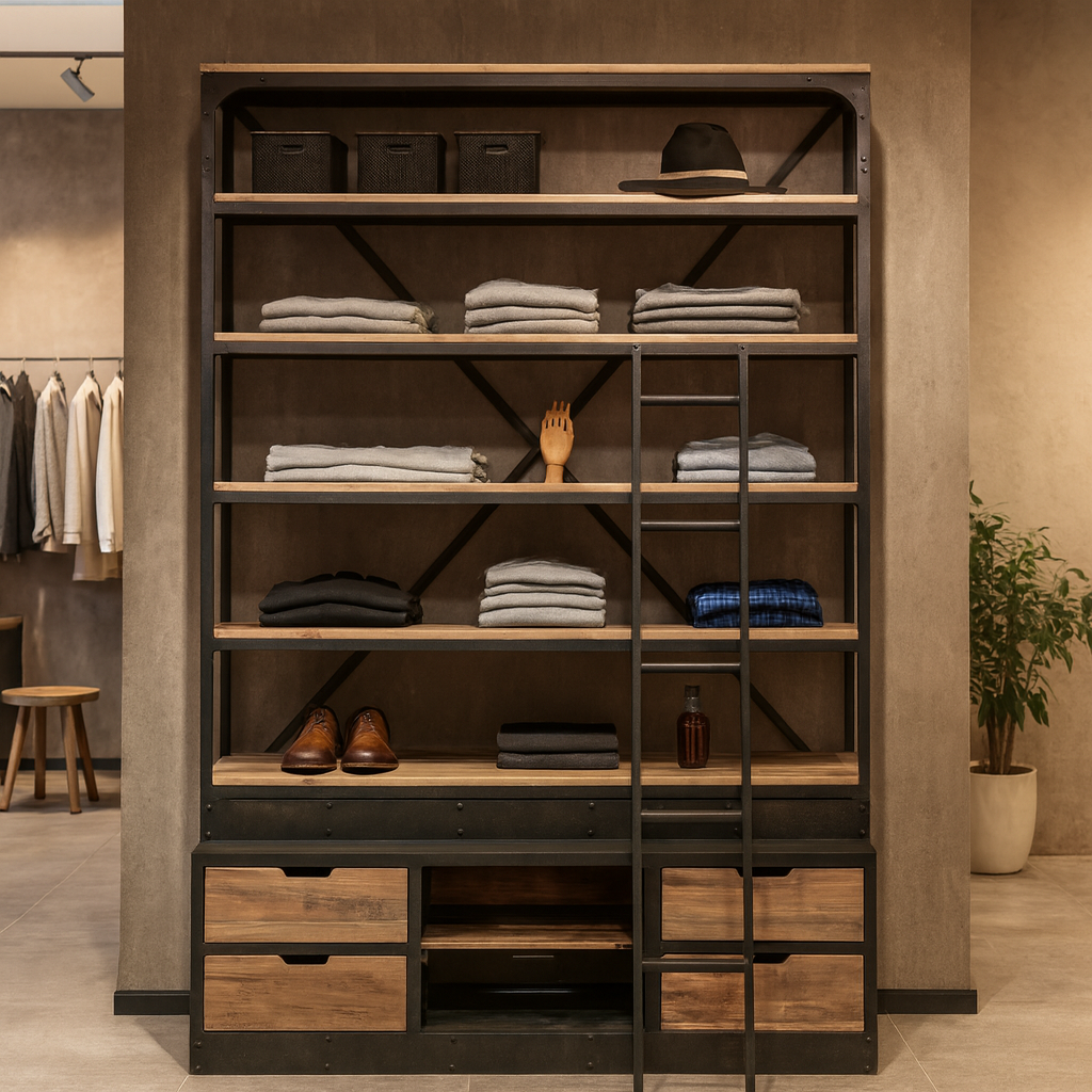Upgrade your home or office with this industrial bookcase with ladder, &nbsp;a statement piece that combines function and style. Built with a sturdy black metal frame and rustic wood shelves, this metal and wooden shelving unit offers the perfect balance of durability and modern design.

The sliding ladder makes reaching the higher shelves effortless, while the four drawers and two open cubbie holes&nbsp;at the base provide versatile storage for books, décor, or everyday essentials. Whether used as a rustic