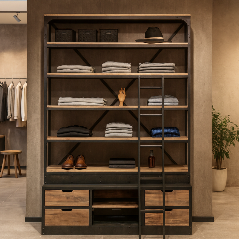 Upgrade your home or office with this industrial bookcase with ladder, &nbsp;a statement piece that combines function and style. Built with a sturdy black metal frame and rustic wood shelves, this metal and wooden shelving unit offers the perfect balance of durability and modern design.

The sliding ladder makes reaching the higher shelves effortless, while the four drawers and two open cubbie holes&nbsp;at the base provide versatile storage for books, décor, or everyday essentials. Whether used as a rustic