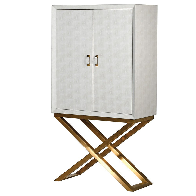 Fitted faux shagreen, ivory coloured cocktail cabinet on crossed gilt legs. Fitted ot inside with two lower drawers and hooks for glasses above. - luxurious piece of furniture.