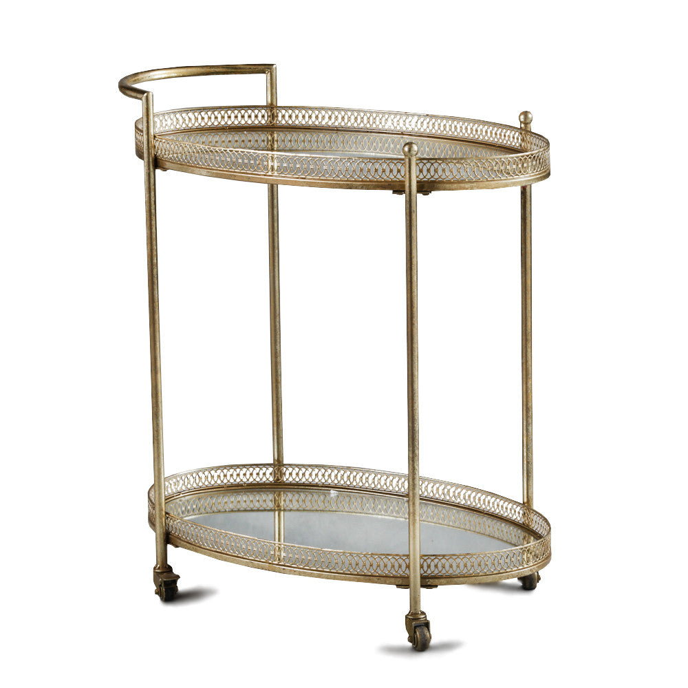 A gilt metal drinks trolley with galleried oval trays, on castors, A larger trolley for all your cocktail necessities.