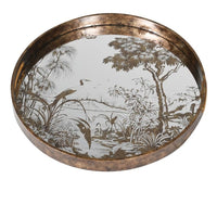 A gilt drinks trolley withe three mirrored trays, that can be used independently to the trolley.&nbsp; The trays are mirrored glass with a tranquil waterside scene in gilt,&nbsp; the frame of the trolley is brushed gilt metal and the whole thing is set on four castors.&nbsp; Trolley such as these are called 'drinks' trolleys, but can also be used to display all your toiletries in a bathroom, to display plants in a conservatory, they have diverse uses.&nbsp; Not forgetting three useful trays.
