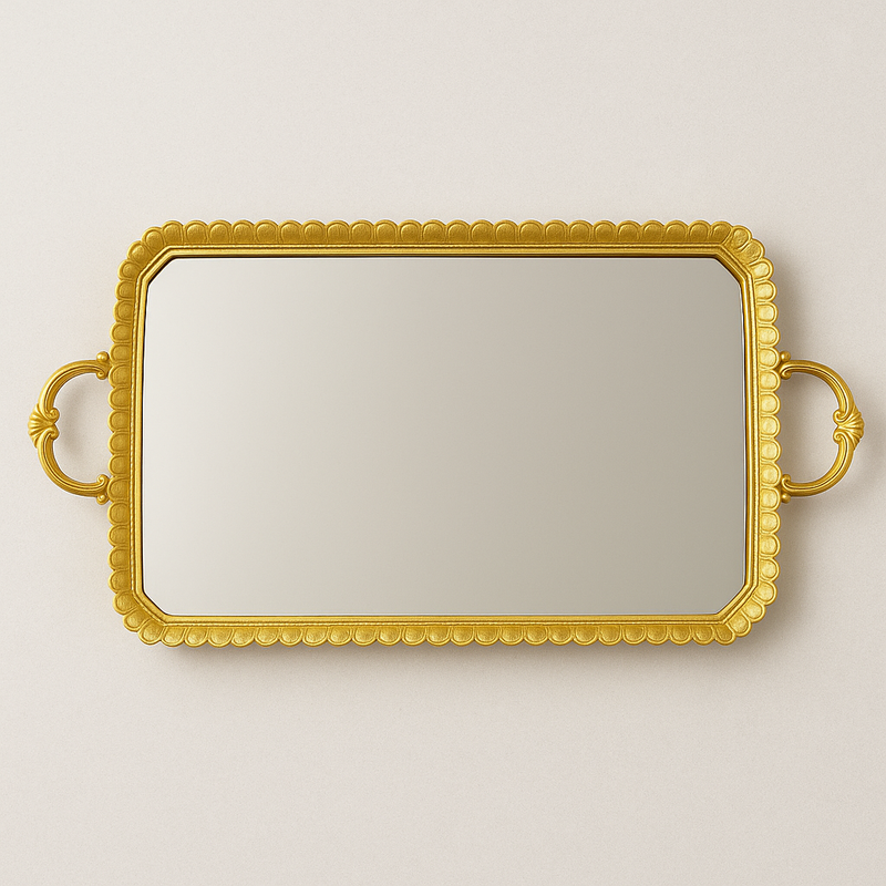 gilt tray with mirrored top and two decorative handles, great in a bedroom for jewellery or as a festive serving tray.