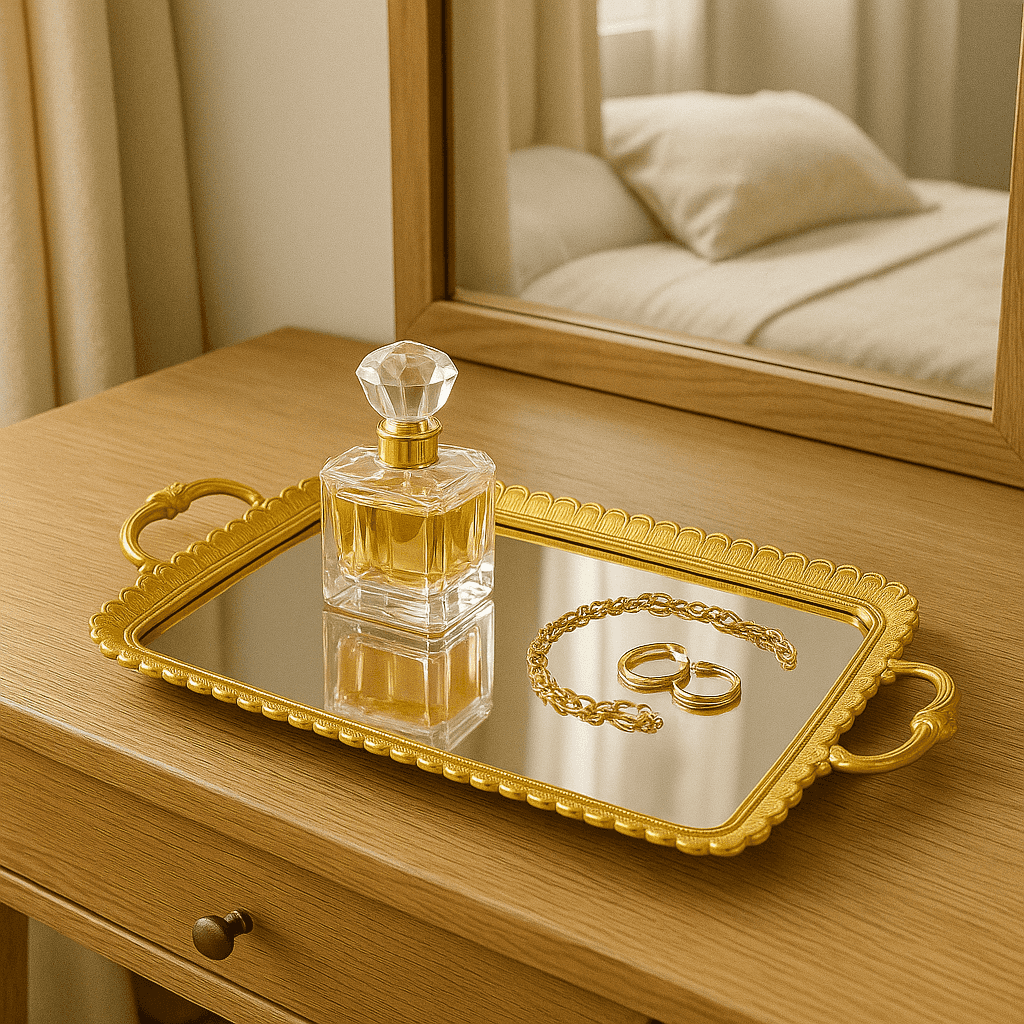 gilt tray with mirrored top and two decorative handles, great in a bedroom for jewellery or as a festive serving tray.