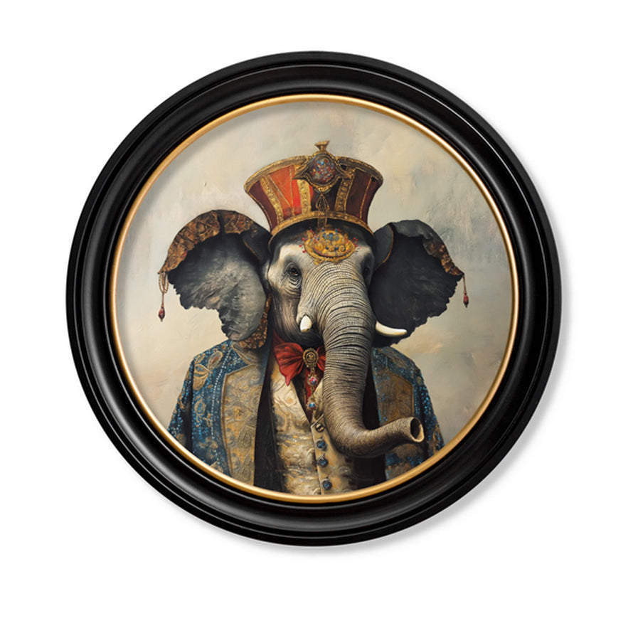 A stunning, colourful elegant&nbsp; print in a round black and gilt frame.&nbsp; Great subject of an elephant in a traditional Victorian dress coat with a beautiful embroidered cap, a Circus Master's attire. A whimsical, anthropomorphic image to bring colour and fun to your interior. These prints are available in a 44 cm, 70 cm and 96 cm round sizes.&nbsp; The classic round black frame with the gilt inner rim fits into any decor and adds to the vintage feel of these prints.

H: 70 cm W: 70 cm