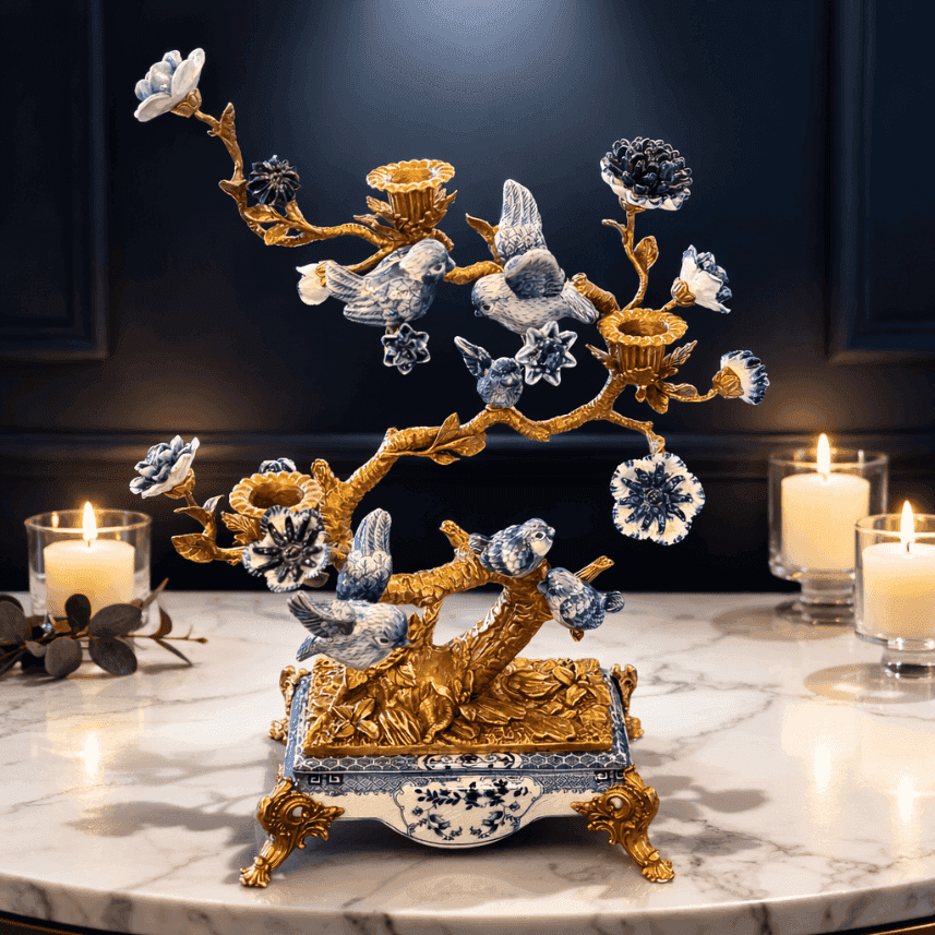 Bronze Bird Candelabra are&nbsp; a luxurious fusion of blue and white porcelain and gleaming bronze. Inspired by Georgian-era craftsmanship,