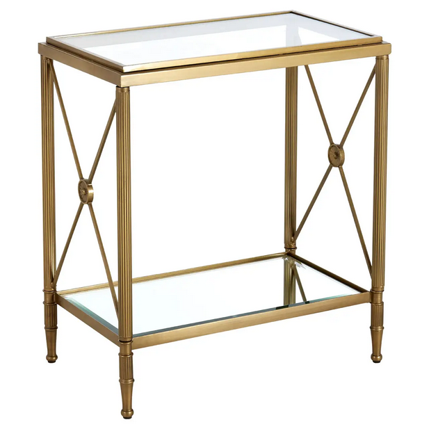 Rectangular Empire style brushed brass metal and glass side table.&nbsp;&nbsp; A robust tempered clear glass table top with a mirrored shelf below adds glamour and luxury to this classic piece.   Classically simple and superb in place.&nbsp;&nbsp; A traditional piece of furniture in a classic style which is perfect for period or contemporary living.&nbsp;   H: 57 cm W: 51 cm D: 30 cm