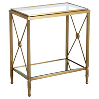 Rectangular Empire-style side table with brushed brass frame, clear tempered glass top, and mirrored lower shelf. Classic cross design accents.