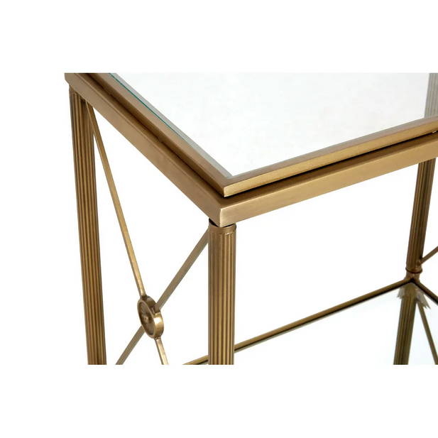 Rectangular Empire style brushed brass metal and glass side table.&nbsp;&nbsp; A robust tempered clear glass table top with a mirrored shelf below adds glamour and luxury to this classic piece.   Classically simple and superb in place.&nbsp;&nbsp; A traditional piece of furniture in a classic style which is perfect for period or contemporary living.&nbsp;   H: 57 cm W: 51 cm D: 30 cm