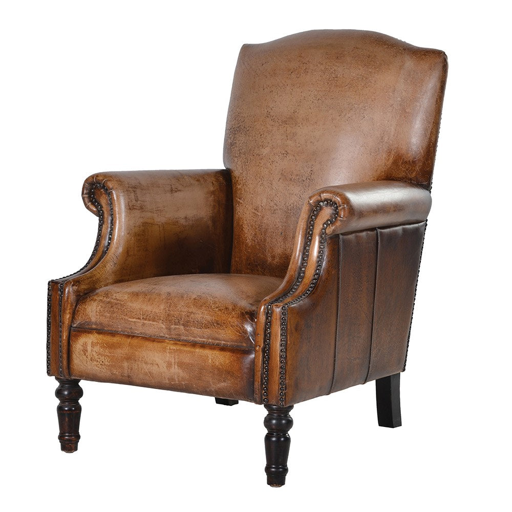 Exceptionally tall backed leather armchair in a distressed tobacco leather colour, beautifully crafted armchair in a luxury leather finish with double seamed sides and turned dark wood feet.&nbsp; Perfect in as a statement chair in your living room, in a study or home office. Absolutel luxury.


H: 90 cm W: 70 cm D: 80 cm  