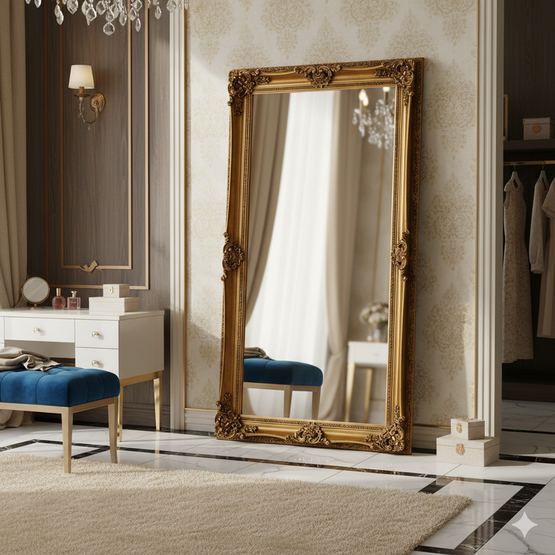 Extra large gold mirror leaning against a wall in a traditionally decorated, luxurious dressing room.
