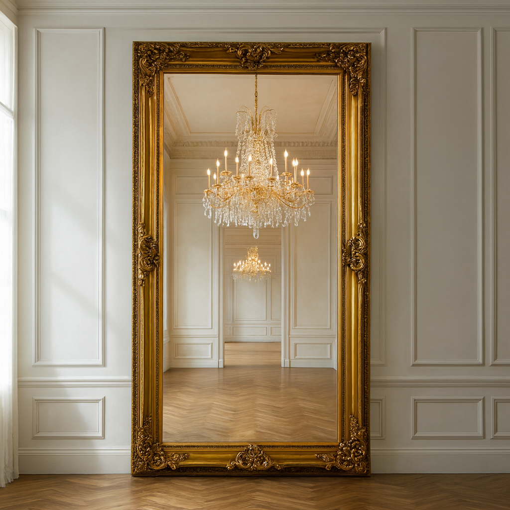 A large classic ornate silver mirror to fill a entire wall and bring light and space into a room. In a hallway, leant against a bedroom wall or any living space.