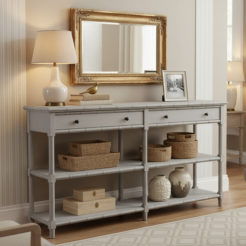 Perfect for the narrowest of halls or entryways, long grey painted console table with two drawers and two shelves below.
