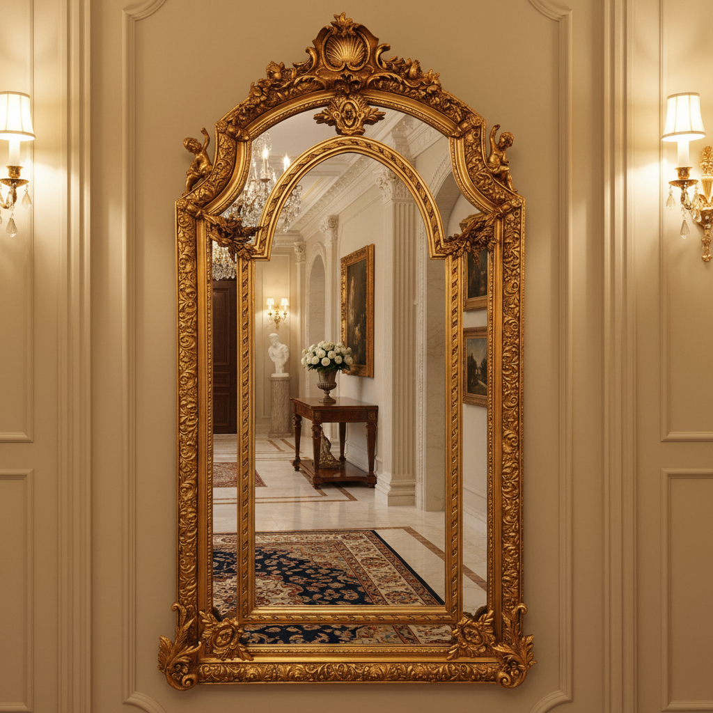 Ornate antique-style gold gilt mirror with detailed cherub accents, arched central glass, and decorative beveled panel sides, featuring baroque floral carvings and a luxurious rococo frame.