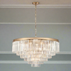 Extra large gold banded, 5 tiered prism chandelier with 27 lights. Absolutely stunning statement chandelier, the gleam of the gilt band and the crisp light of the crystal are opulent in the extreme.

W: 80 cm H: 74 (Min) 253 (Max)