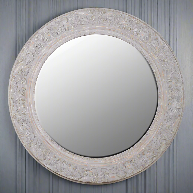 Extra Large rustic circular mirror.&nbsp; A really large mirror which will open up any space adding light and perspective.&nbsp;&nbsp; A soft pale coloured frame to fit into so many decors and large enought to add light to your living room, bedroom or hall.