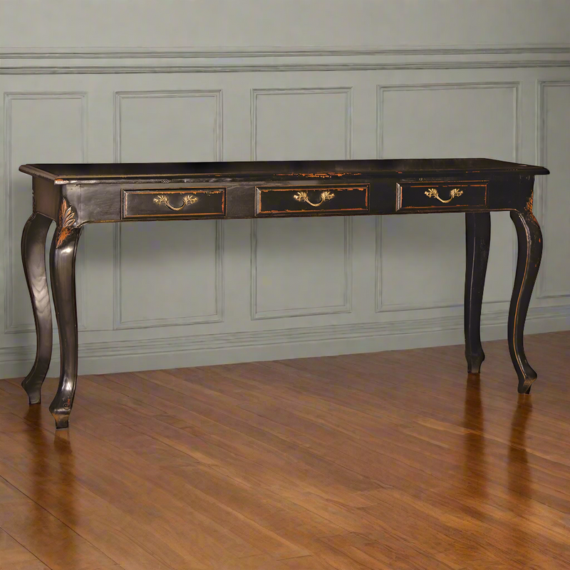 Extra long black wooden hall console table with vintage style, featuring three drawers, cabriole legs, and brass handles, ideal for hallways or dining rooms.