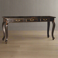 Extra long black wooden hall console table measuring 175cm with vintage style, featuring three drawers, cabriole legs, and brass handles.