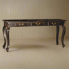 A dark black mahogany wood table with three useful draws.&nbsp; Slender cabriole legs and brass leaf feature drawer handles makes this a luxurious vintage looking piece of furniture, ideally placed for a hallway or dining room.&nbsp; The perfect period home table.


H: 80cm W: 175cm D: 47cm