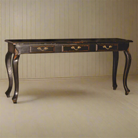 A dark black mahogany wood table with three useful draws.&nbsp; Slender cabriole legs and brass leaf feature drawer handles makes this a luxurious vintage looking piece of furniture, ideally placed for a hallway or dining room.&nbsp; The perfect period home table.


H: 80cm W: 175cm D: 47cm