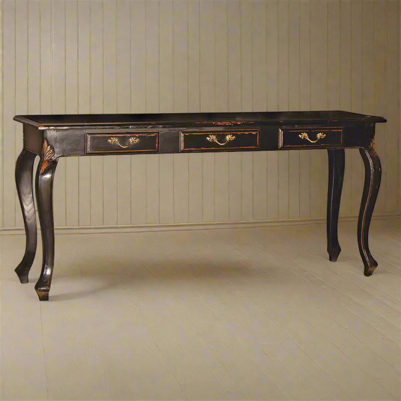 Extra long black wooden hall console table with vintage style, featuring 175cm length, three drawers with brass handles, and cabriole legs.