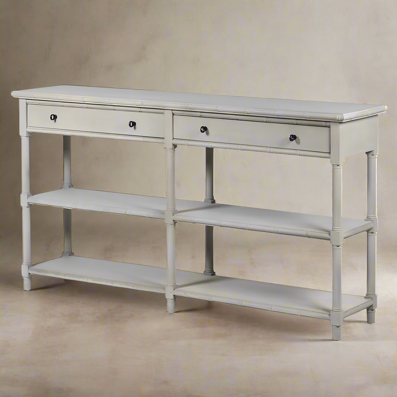 Very long grey painted console table with 2 drawers and 2 shelves below. Exceptional size and quality. Definitely one of the narrowest console tables perfect for small halls.


W: 160 cm H: 88 cm D: 35 cm