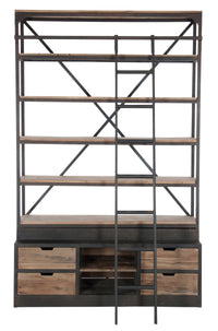 Upgrade your home or office with this industrial bookcase with ladder, &nbsp;a statement piece that combines function and style. Built with a sturdy black metal frame and rustic wood shelves, this metal and wooden shelving unit offers the perfect balance of durability and modern design.

The sliding ladder makes reaching the higher shelves effortless, while the four drawers and two open cubbie holes&nbsp;at the base provide versatile storage for books, décor, or everyday essentials. Whether used as a rustic