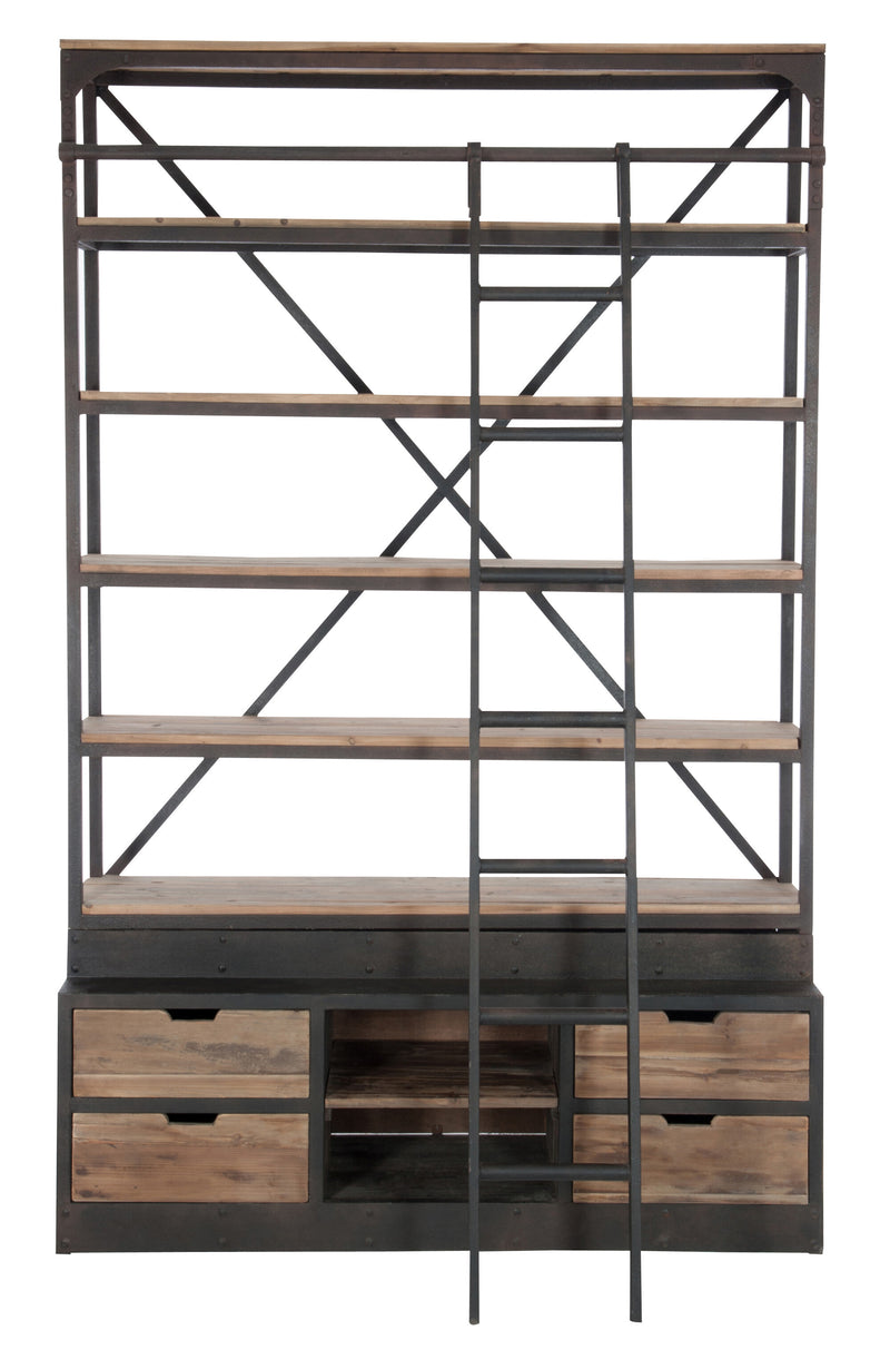 Upgrade your home or office with this industrial bookcase with ladder, &nbsp;a statement piece that combines function and style. Built with a sturdy black metal frame and rustic wood shelves, this metal and wooden shelving unit offers the perfect balance of durability and modern design.

The sliding ladder makes reaching the higher shelves effortless, while the four drawers and two open cubbie holes&nbsp;at the base provide versatile storage for books, décor, or everyday essentials. Whether used as a rustic