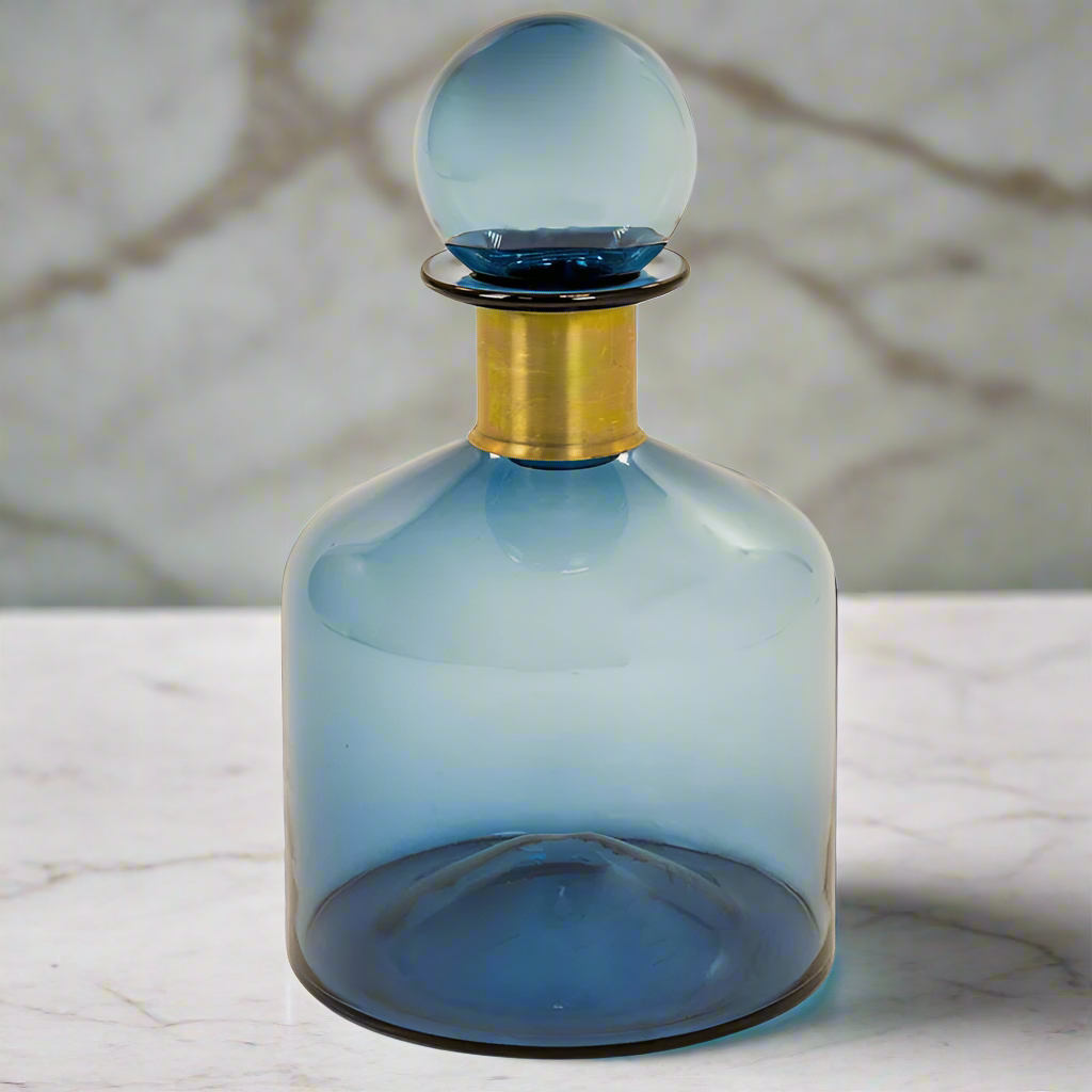 Extra large, wide apothecary bottle with gilt band as part of a set&nbsp; or singly these bottles add colour, light and glamour to any table. 