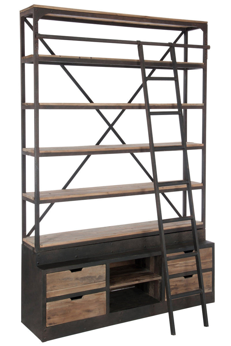 Upgrade your home or office with this industrial bookcase with ladder, &nbsp;a statement piece that combines function and style. Built with a sturdy black metal frame and rustic wood shelves, this metal and wooden shelving unit offers the perfect balance of durability and modern design.

The sliding ladder makes reaching the higher shelves effortless, while the four drawers and two open cubbie holes&nbsp;at the base provide versatile storage for books, décor, or everyday essentials. Whether used as a rustic