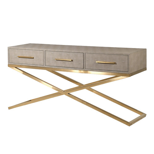 Absolutely gorgeous console table, the 3 drawer faux shagreen console table with polished gilt metal legs.  The contrast of the faux shagreen and polished metal is what lifts this table to another level - luxury.