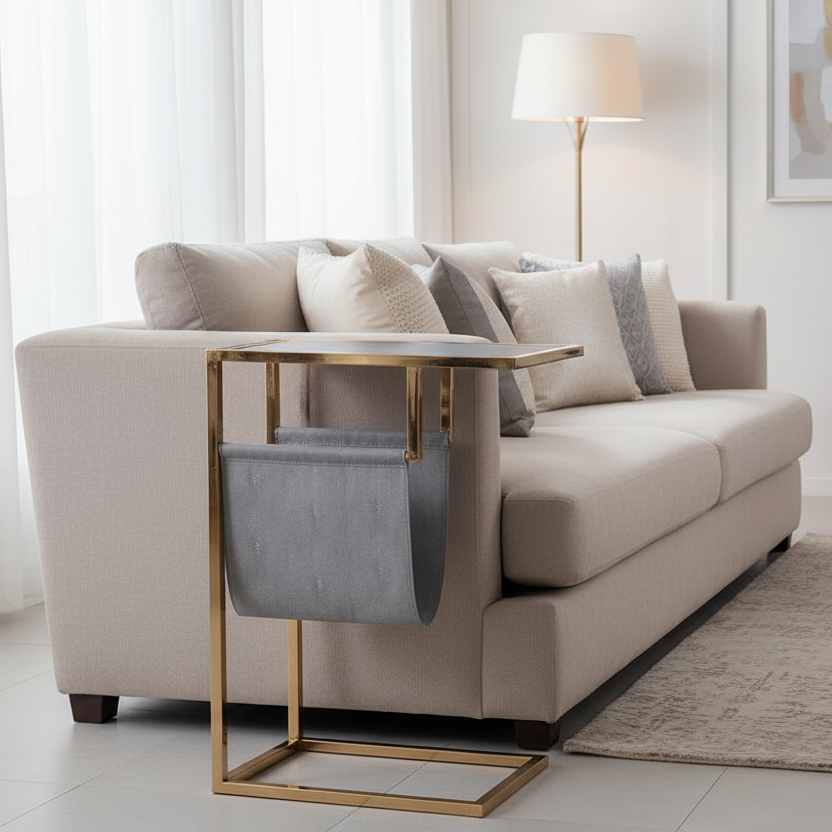 Sofa table in faux shagreen and brushed gold metal, made to slide under a sofa. Tables in this shape are perfect space savers and in this fabrication adding glamour to any room. 