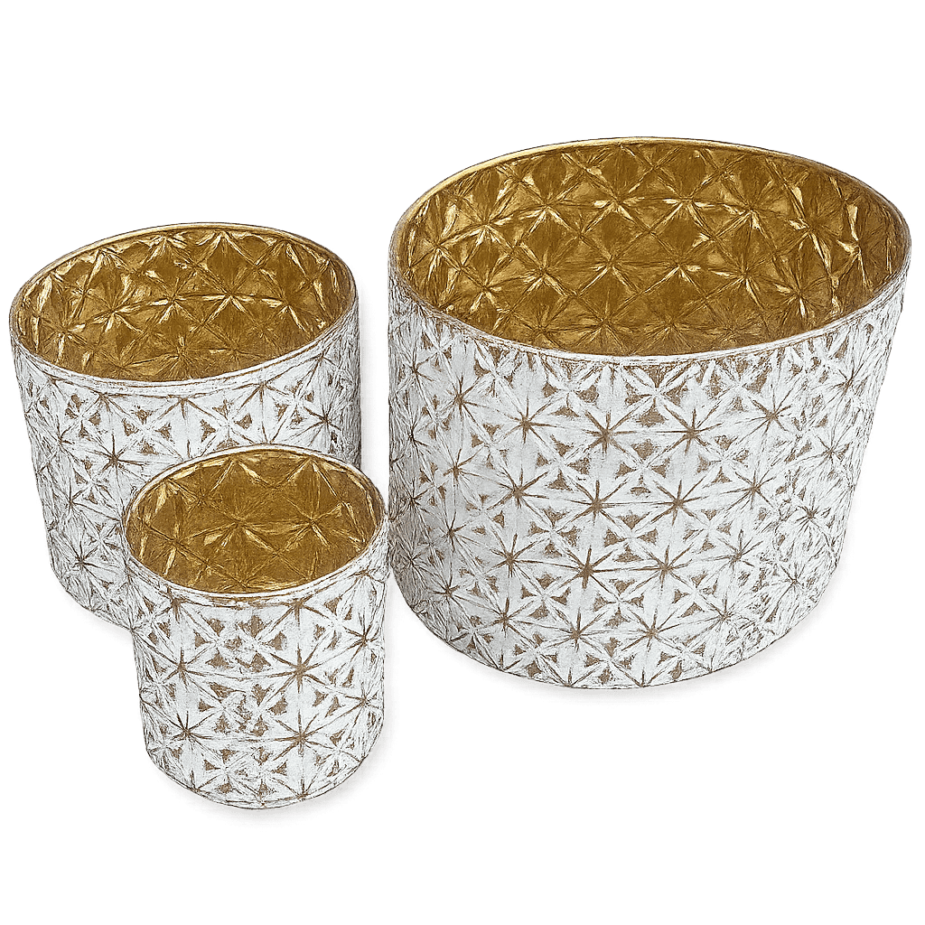 White and gold festive metal containers for holiday decor