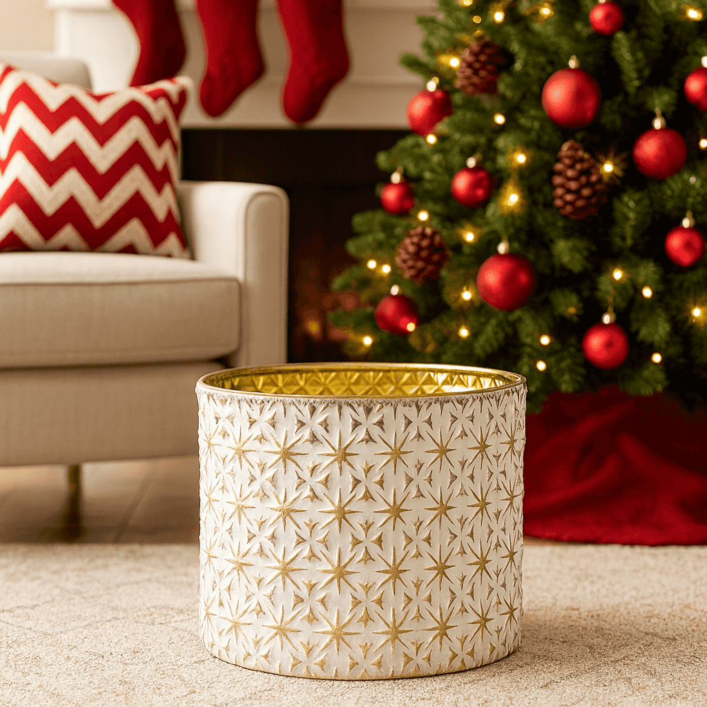 Festive white gold metal container for holiday storage